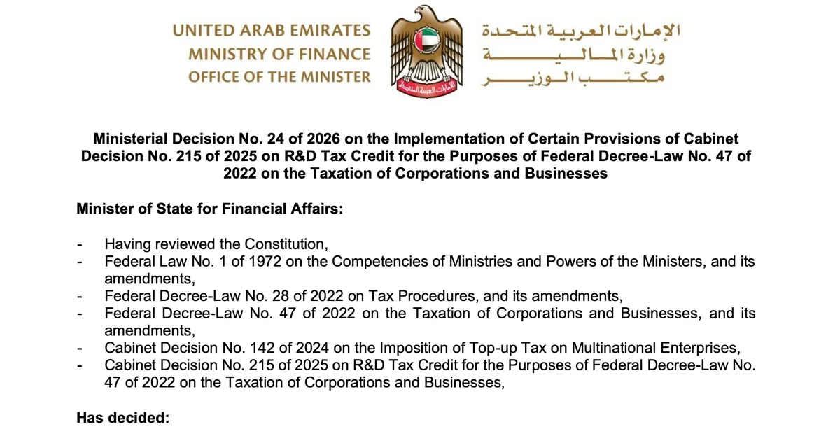 Ministerial Decision No. 24 of 2026: UAE R&D Tax Credit Implementation Rules Explained
