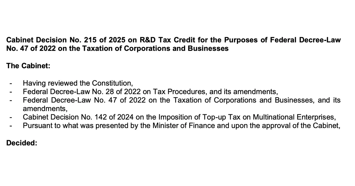 Cabinet Decision No. 215 of 2025: What It Means for UAE R&D Tax Credits